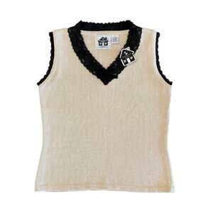 NWT Storybook Knits Beige Sleeveless Top Black Lace Embellished Trim Size Small